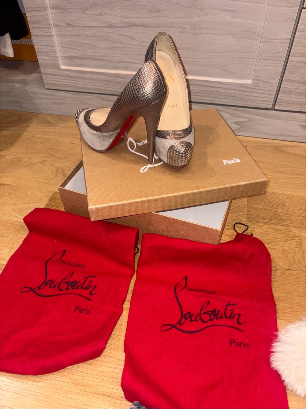 Christian Louboutin Metallic Taupe Snake-Texture Pointed Toe Pumps